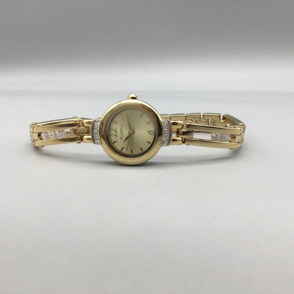 Elgin Womens Watch 20mm Gold Silver Tone Diamond Bracelet New Battery 8.25